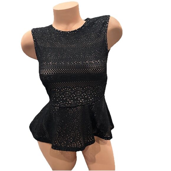 BCBG Maxazria Black Lace Nude Lining y2k Peplum Top Sz XXS Vicktoria Zip - Picture 2 of 11